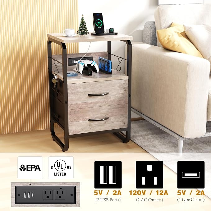runjuly Nightstand with Drawers, Storage Night Stand with Charging Station Type C Port, Small Side Table with Hooks, Wood Metal End Table for Living Room, Bedroom, Dorm, Greige