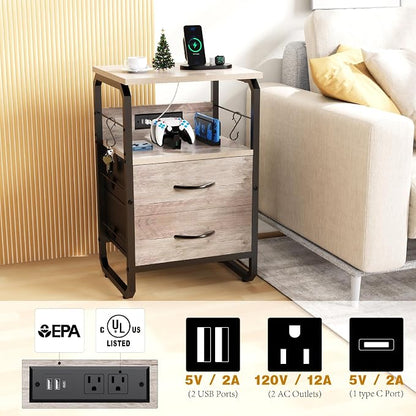 runjuly Nightstand with Drawers, Storage Night Stand with Charging Station Type C Port, Small Side Table with Hooks, Wood Metal End Table for Living Room, Bedroom, Dorm, Greige