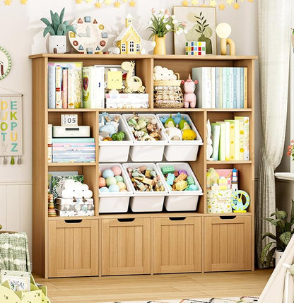 FINETONES Toy Storage Organizer with 6 Toy Bins, Large Toy Organizers and Storage with 4 Movable Drawers and 6 Storage Cubbies, Kids Toy Storage and Toy Chest for Playroom and Kids Room, Natural