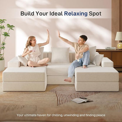 Living&Giving 101" U-Shaped Cloud Sectional Couch for Living Room, Cloud Boneless Couch-No Assembly with Reversible Chaise, Customizable 3-Seat Modular Sectional Sofa with 2 Ottoman, Beige