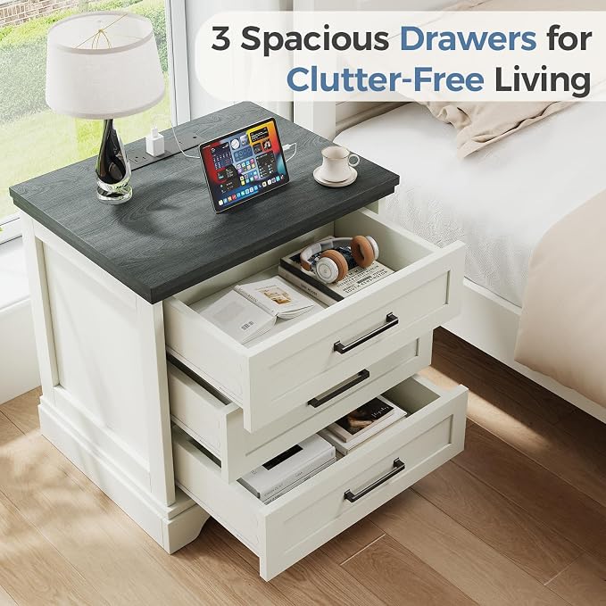 DUMOS Farmhouse Nightstand with Built-in Charging Station & USB Charging Ports, Sturdy Wood Bedside Table with 3 Spacious Storage Drawers, Minimalist Modern Small End Table for Bedroom, White