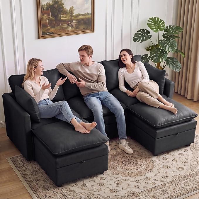 80" Black Faux Leather Storage 3 Seater Sofa with 2 Ottomans, Comfy Couch | Convertible Modular Sectional Sofa, U Shaped Oversized Couch, Upholstered Large Cloud Couch For Living Room, Apartment.