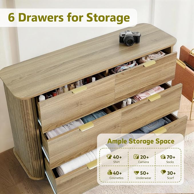3-Piece Bedroom Furniture Set, Modern Fluted 6 Drawer Dresser & 2-Drawer Nightstands,Mid-Century Wood Storage Cabinet Set n for Bedroom, Hallway (Walnut)