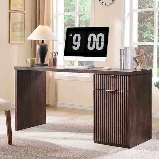 60" Modern Home Office Desk, Reversible Left‑Right Cabinet, Built‑in Outlet | Reversible design lets you fix the cabinet on left‑hand or right‑hand side to fit your room layout