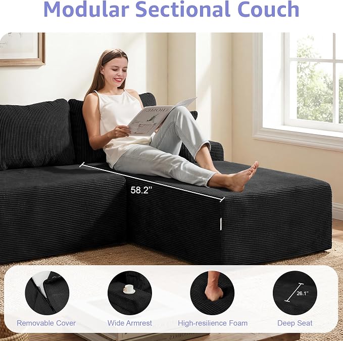 Hobestluk Modular Sectional Sofa Couches L-Shape Couch 3 Seat Modular Sofa Memory Foam Sectional Couches for Living Room, Cloud Couch with Oversized Chaise (Black Corduroy, 96", Right Hand Facing)