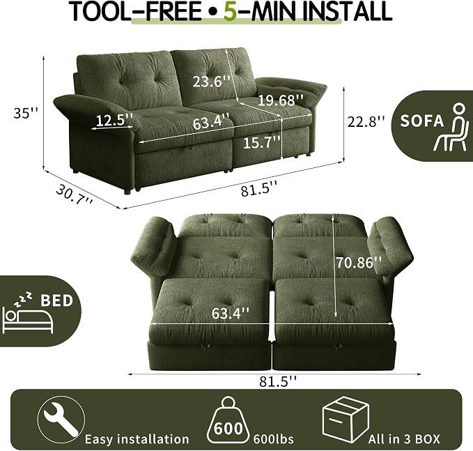 81.5" Pull Out Sofa Bed Full Size, Pre-Assembled Chenille Sleeper Sofa, Convertible Loveseat Futon Couch with Tufted, Pillows, for Apartment, Living Room, Small Spaces, dorms, Green