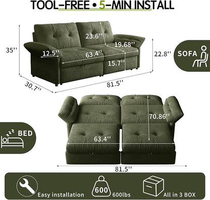 81.5'' Full Sleeper Sofa, Pre-Assembled, Chenille Pull Out Couches Bed, 3-in-1 Convertible Sofa, Adjustable Backrest, Small Loveseat for Small Space, Living Room, Apartment, Chenille Green