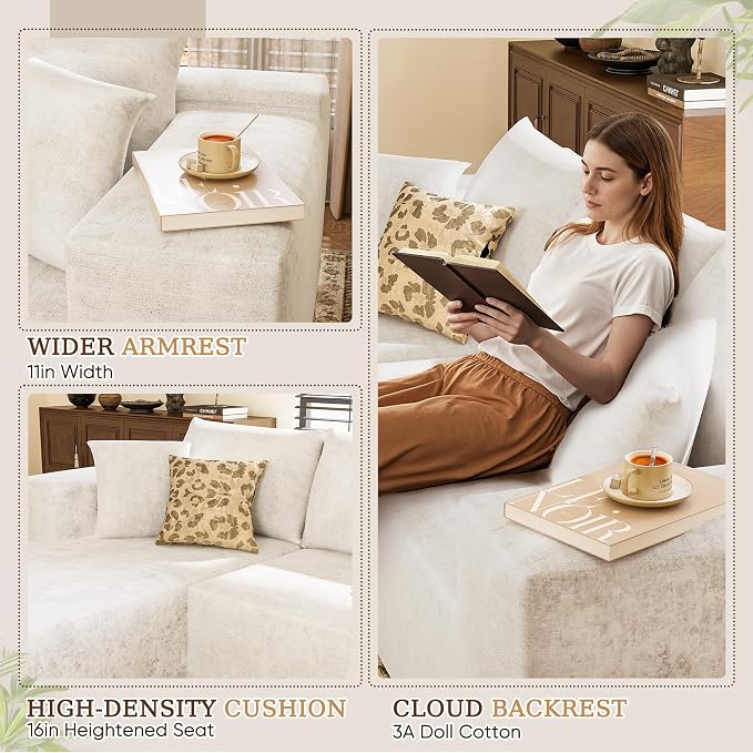 YESHOMY Boneless Couches for Living Room, 108" Sectional Modular Sectional Sofa with Deep Seat, Cloud Comfy Couch with L-Shape Chaise, Easy Assembly (Chenille, Pearl Cream)