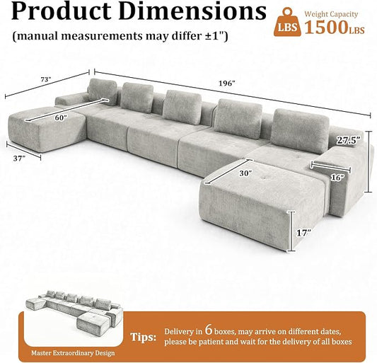 196" U Shaped Oversized Boneless Couch, Comfort Cloud Sectional Couches for Living Room, Modular Sofa High Back & Extra Deep Seat, No Assembly, Soft Chenille(Light Grey, 196 inch-U shaped（5+2）)