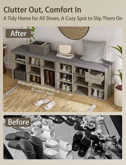 DINZI LVJ Shoe Bench, 9 Cubbies Shoe Organizer for Entryway, Storage Bench with Cushion, Cubby Shoe Rack with Adjustable Shelves for Living Room, Bedroom, Mudroom, Hallway, Gray Wash