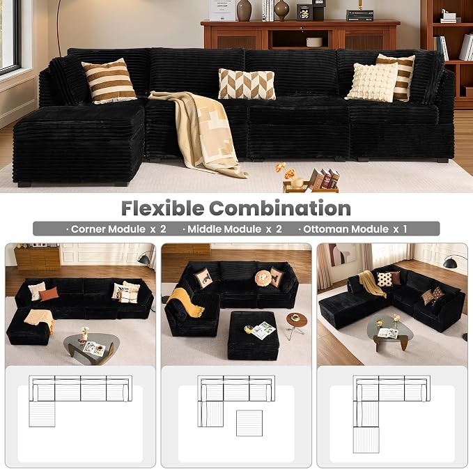 ovios Modular Sectional Sofa Couch with L-Shape Chaise Ottoman, Comfy Plush Corduroy Cloud Couches, Modern Luxury Deep Seat Sofas Set for Living Room, 5-Seater, Black