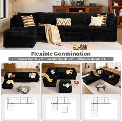 ovios Modular Sectional Sofa Couch with L-Shape Chaise Ottoman, Comfy Plush Corduroy Cloud Couches, Modern Luxury Deep Seat Sofas Set for Living Room, 5-Seater, Black