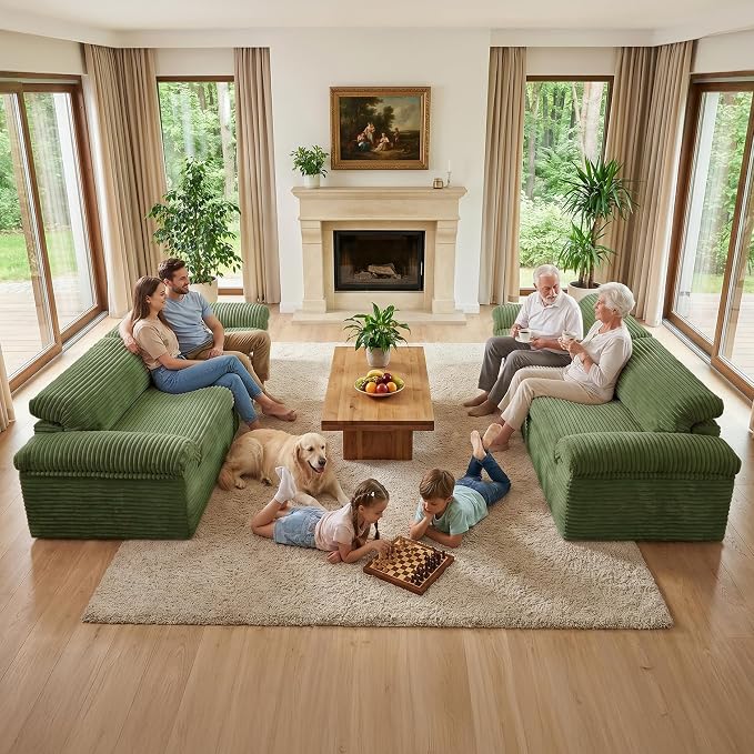 Vesgantti 118" Boneless Couches for Living Room, Cloud Sectional Couch & Deep Seat, 3 Seater Comfy Corduroy Modular Sofa, Modern Slouch Couch, No Assembly Required, Green