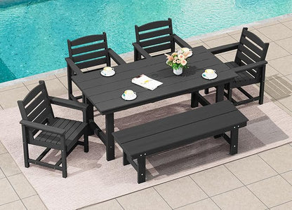 SERWALL Patio Dining Table and Bench Set for 6, Black