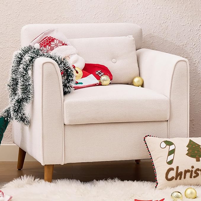 Modern Accent Chair with Wooden Legs Plush Fabric Armchair Chenille Side Single Sofa Chair for Bedroom, Office Cafe Waiting Room Apartment (Beige Armchair)