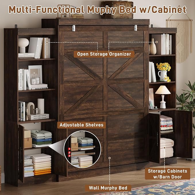 Hlivelood Queen Size Murphy Bed w/2 Storage Cabinet&2 LED Light, Farmhouse Wood Hidden Foldable Wall Bed Frame, Storage Bed Cabinet for Bedroom, Office, Space-Saving, No Box Spring Needed, Brown