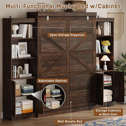 Hlivelood Queen Size Murphy Bed w/2 Storage Cabinet&2 LED Light, Farmhouse Wood Hidden Foldable Wall Bed Frame, Storage Bed Cabinet for Bedroom, Office, Space-Saving, No Box Spring Needed, Brown