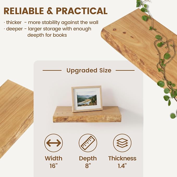 Venusmiles Live Edge Elm Floating Shelves for Wall Decor, Rustic Solid Wood Shevles Wall Mounted with Invisible Bracket for Living Room Bathroom Bedroom Kitchen, 16 Inch Set of 2, Natural