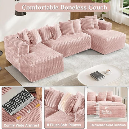 131" Oversized U Shaped Cloud Sectional Couches for Living Room, Comfy Fluffy Corduroy Pink Boneless Sectionals Couch, Plush Memory Foam Modular Sectional Sofa with Chaise- 19" Seat Height