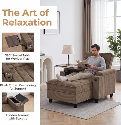 Convertible Sleeper Chair, Pull Out Sofa Bed with Adjustable Backrest & Hidden Storage Armrest, Single Sofa Recliner with USB Charging Port & Cup Holders for Living Room, Bedroom, Coffee
