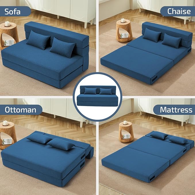 SUYOLS Folding Sofa Bed with Pillows- Convertible Chair Floor Couch & Sleeping Mattress, Foldable Memory Foam Sleeper for Living Room/Dorm/Guest Room/Home Office/Apartment/Loft, Full, Navy Blue
