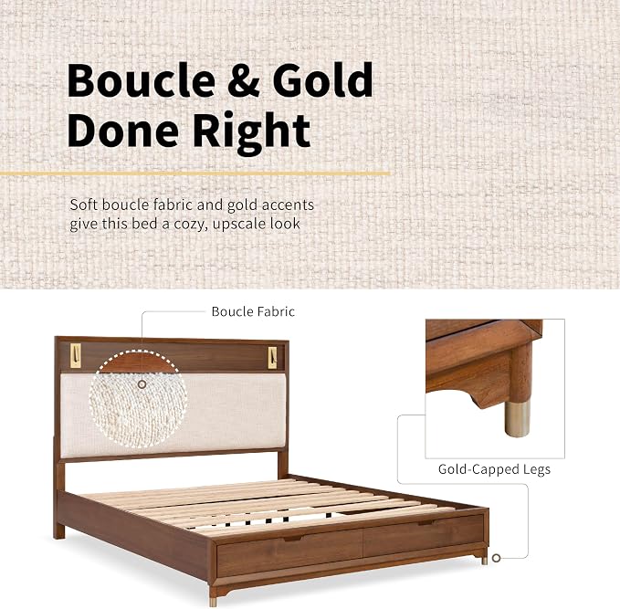 Furniture of America Forma Modern Solid Wood 4-Piece Bedroom Set with Storage Bed with LED Lights, Ball-Bearing Glide on Nightstand and Dresser with Mirror, No Box Spring Needed, King, Walnut