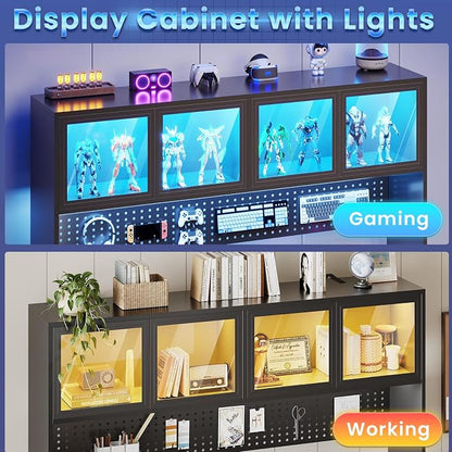 SEDETA 67" Standing L Shaped Gaming Desk, Office Computer Desk with Storage Hutch, Stand Up Corner Desk with Pegboard & Led Lights for Home Office, Black