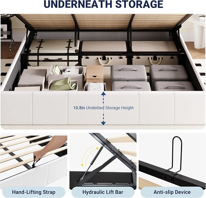 Allewie King Size Velvet Lift Up Storage Bed Frame, Vertical Channel Tufted Headboard, Hydrualic Underneath Storage, Upholstered Platform Bed, Wooden Slats Support, No Box Spring Needed, White