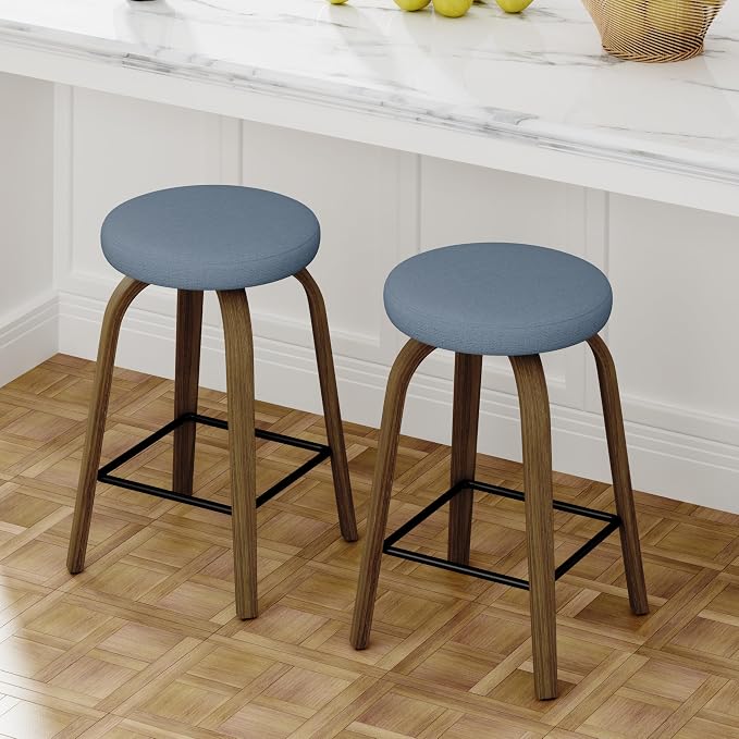 Bar Stools Set of 2, Counter Height Backless Bar Stools, 26" Swivel Barstools Kitchen Chair with Upholstered Fabric Seat, Blue
