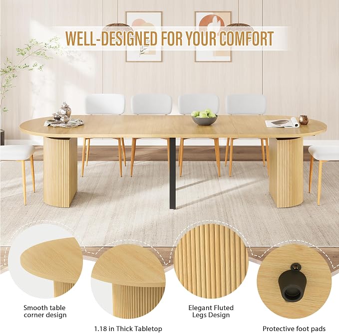 weselon 42"-120" Extendable Dining Table for 4-14, Expandable Oval Dining Room Table with Fluted Pedestal Base & Reinforced Metal Support Leg, Extra Large Modern Kitchen Table (Natural)