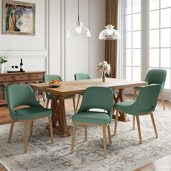 Modern Upholstered Dining Chairs Set of 6, Open Back with Solid Wood Legs, Ergonomic Curved Back Fabric Kitchen Chairs for Dining Room & Kitchen, Living Room Side Chairs, Farmhouse, Green