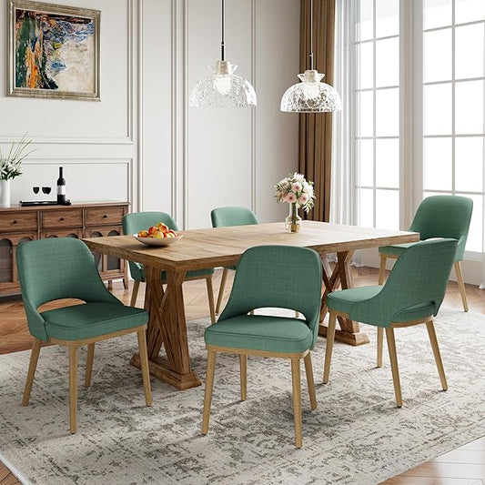 Modern Upholstered Dining Chairs Set of 6, Open Back with Solid Wood Legs, Ergonomic Curved Back Fabric Kitchen Chairs for Dining Room & Kitchen, Living Room Side Chairs, Farmhouse, Green