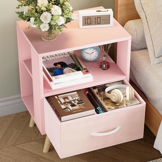 Huhote Kids Nightstand, 2-Tier Night Stand with Charging Station and Drawer, Modern Side Table for Bedroom, Study Room Small Spaces, Pink