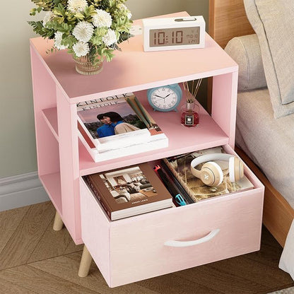 Huhote Kids Nightstand, 2-Tier Night Stand with Charging Station and Drawer, Modern Side Table for Bedroom, Study Room Small Spaces, Pink
