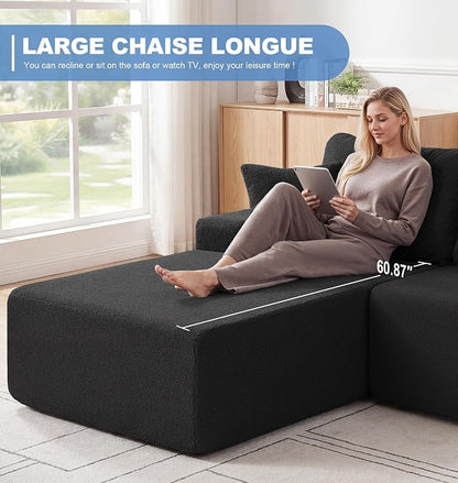 Hobestluk Modular Sectional Sofa Couches L-Shape Couch 3 Seat Modular Sofa Memory Foam Sectional Couches for Living Room, Cloud Couch with Oversized Chaise (Black Smooth, 108", Left Hand Facing)