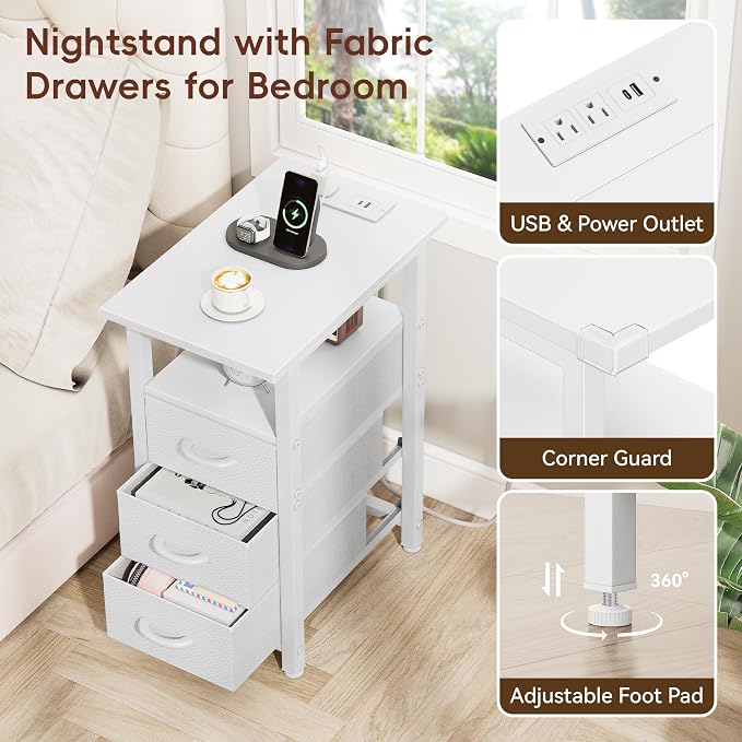 Vagusicc White Nightstand with Charging Station and LED Lights, Narrow End Table, LED Nightstand with 3 Fabric Drawers for Bedroom, Small Bedside Table, Narrow Side Table for Small Spaces, White