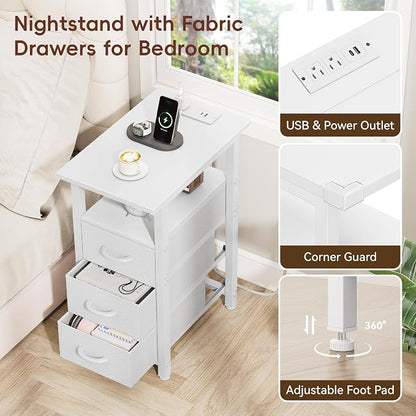Vagusicc White Nightstand with Charging Station and LED Lights, Narrow End Table, LED Nightstand with 3 Fabric Drawers for Bedroom, Small Bedside Table, Narrow Side Table for Small Spaces, White