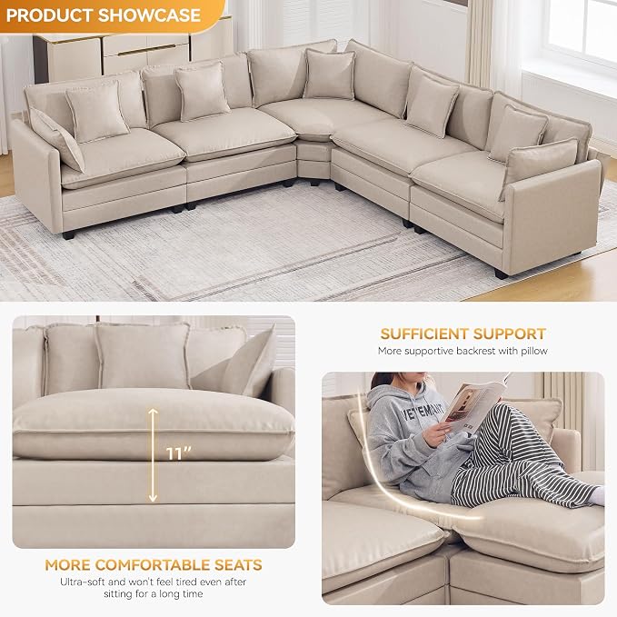 137'' V Shaped Cloud Sectional Sofa, Oversized Deep Seat Leather Couches for Living Room, Comfy Upholstered Modular Sectional Sofa Couch, Leather Beige