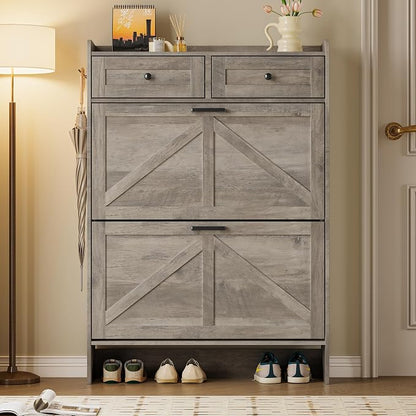 BORNOON Shoe Storage Cabinet for Entryway, Farmhouse Narrow Shoe Cabinet with 2 Flip Drawers & Top Drawers, Adjustable Shelves & Hooks, Freestanding Hidden Rack Organizer for Hallway, Foyer