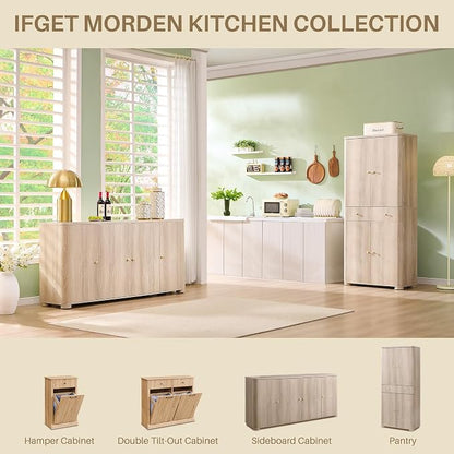 IFGET Curved Buffet Cabinet with Doors, 66" Large Sideboard Buffet Storage Cabinet with 4 Doors and Shleves, Modern Coffee Bar Station Wood Kitchen Table for Kitchen, Dining Room, Light Grey