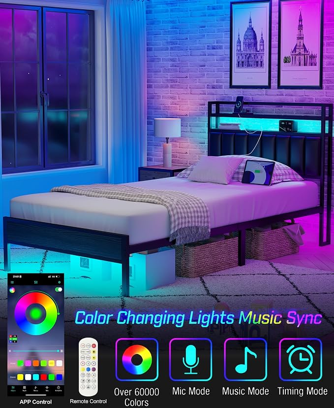 Twin Size Bed Frame with Upholstered Headboard and 2-Tier Storage Shelves | Metal / Charging Station / LED Lights / Under Bed Storage / Non-slip/ Noise Free / No Box Spring Needed / Black