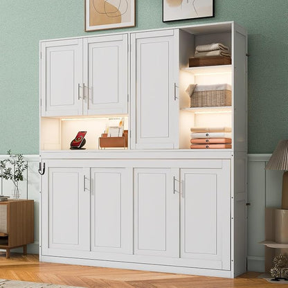 Ball & Cast Murphy Bed Twin Bed Frame with Top Cabinet,Hideaway Bedframe w/Shelves and Dual-Piston Metal Folding Mechanism,Space Saving Foldable Bed w/Light & USB,for Small Room,White