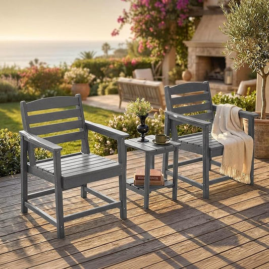 Furnimart 3-Piece Patio Bistro Set, HDPE Outdoor Chairs Set of 2 and Side Table, All-Weather Outdoor Furniture Set, Modern Conversation Sets with Coffee Table for Garden, Balcony, Porch, Grey