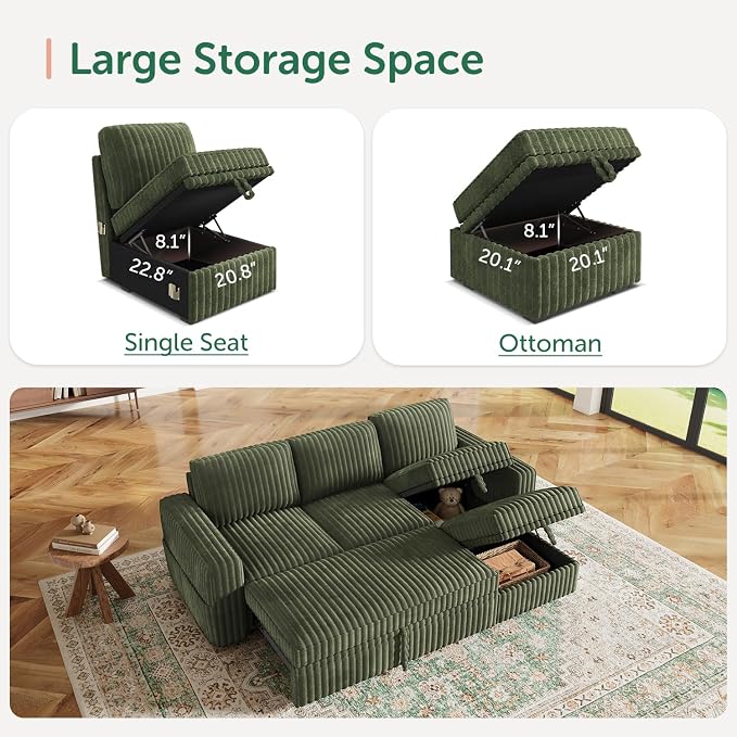HONBAY Modular Sectional Sofa with Pull Out Bed,Corduroy L Shaped Sleeper Sofa with Storage, Sectional Couches for Living Room,Green