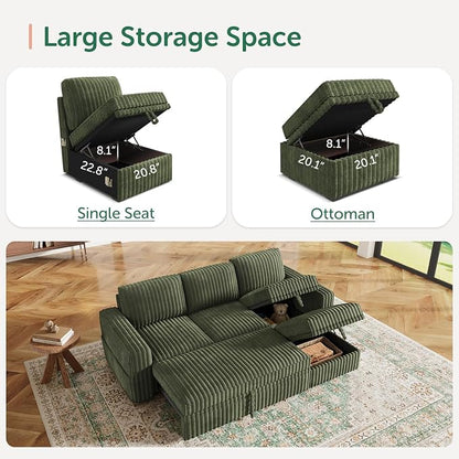 HONBAY Modular Sectional Sofa with Pull Out Bed,Corduroy L Shaped Sleeper Sofa with Storage, Sectional Couches for Living Room,Green
