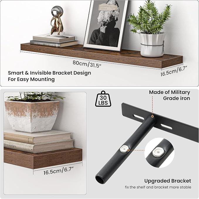 Heimlove Floating Shelves for Wall 32 Inch,Mounted Storage Wood Shelves with Invisible Brackets Hanging Shelf for Bedroom Living Room Kitchen Office,Set of 2,Rustic Brown