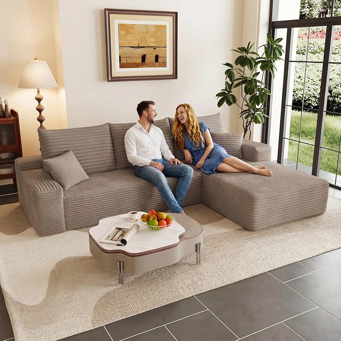 95" Cloud Sectional Couch with L-Shape Chaise, Modular Comfy Sofa Chaise Longue, Upholstered Corduroy Couches Sleeper with Deep Seat for Living Room Bedroom, No Assembly Required(Camel, Right Facing)
