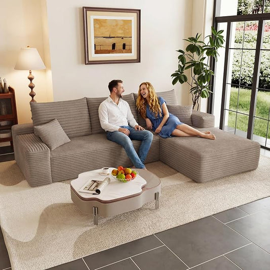 95" Cloud Sectional Couch with L-Shape Chaise, Modular Comfy Sofa Chaise Longue, Upholstered Corduroy Couches Sleeper with Deep Seat for Living Room Bedroom, No Assembly Required(Camel, Right Facing)