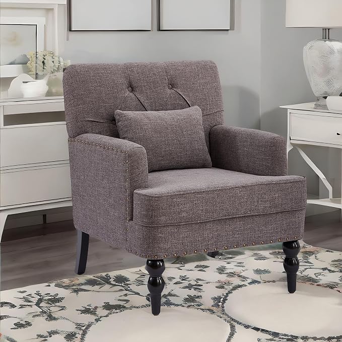 HUIMO Tufted Club Chair with Lumbar Pillow,Upholstered Button Armchair,Accent Reading Chair,Linen Fabric Sofa Chairs for Bedroom, Living Room, Mid Century Modern with Studded Chair Grey