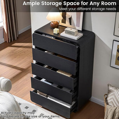 Standifurno 29.5’’ W Dresser for Closet, Black Drawers with Curved Design, Chest Drawer with 5 Drawers, Vertical Drawer with Large Storage, Wooden Dresser for Living Room, Nursery, Entryway